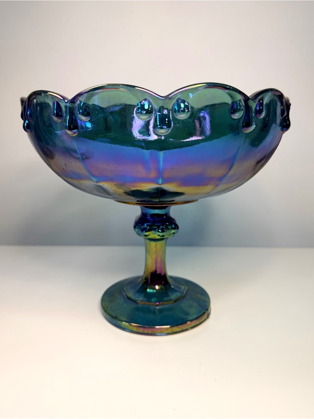 1970s Indiana Glass Blue Carnival Glass Compote Bowl Pedestal Dish 9”